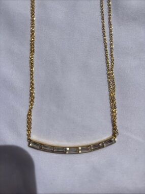 Gold Curved Bar Necklace with Baguette Crystals